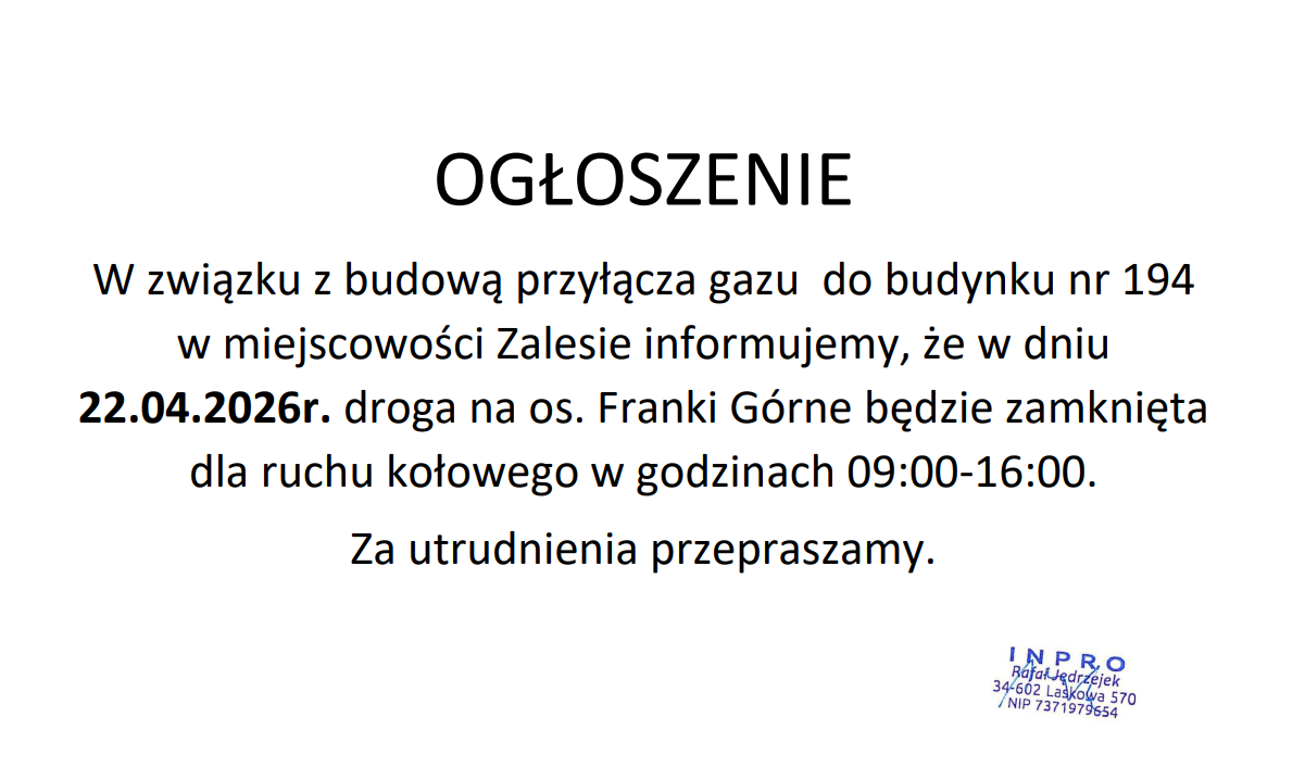 Informacja dla mieszkańców Zalesia