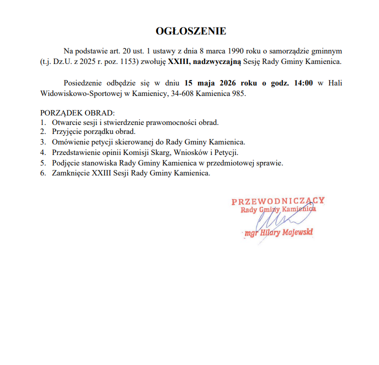 Informacja o Sesji Rady Gminy Kamienica
