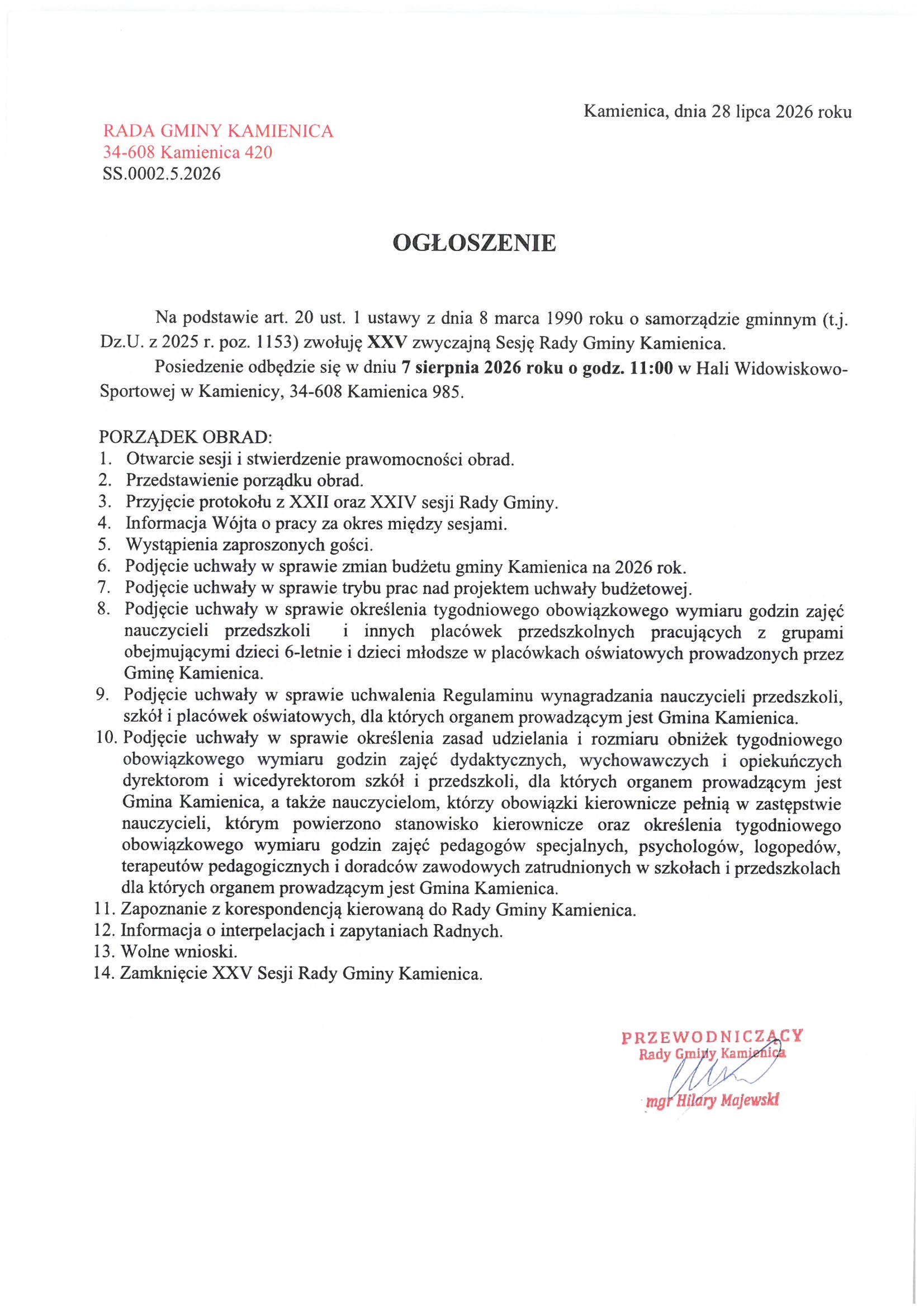 Ogłoszenie o Sesji Rady Gminy Kamienica