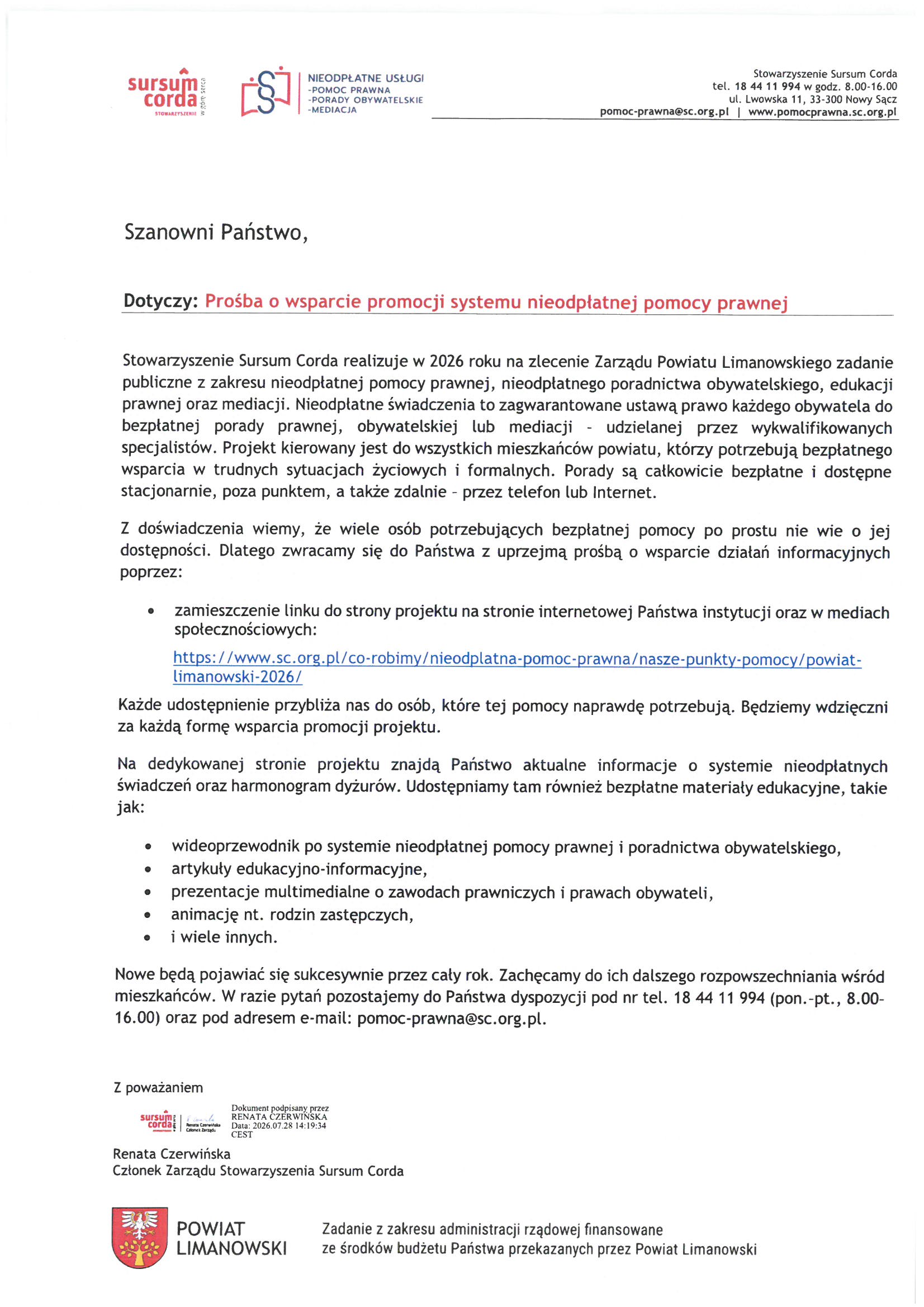 Prośba o wsparcie promocji systemu nieodpłatnej pomocy prawnej