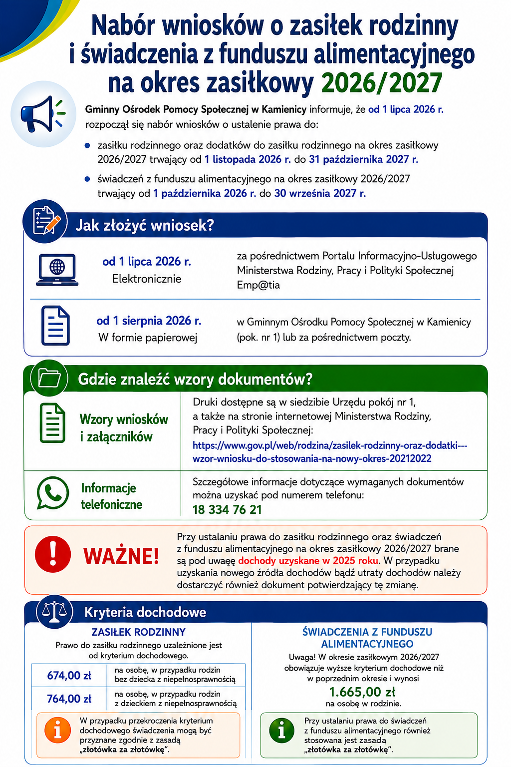 Nabór wniosków o zasiłek rodzinny i świadczenia z funduszu alimentacyjnego na okres 2026/2027