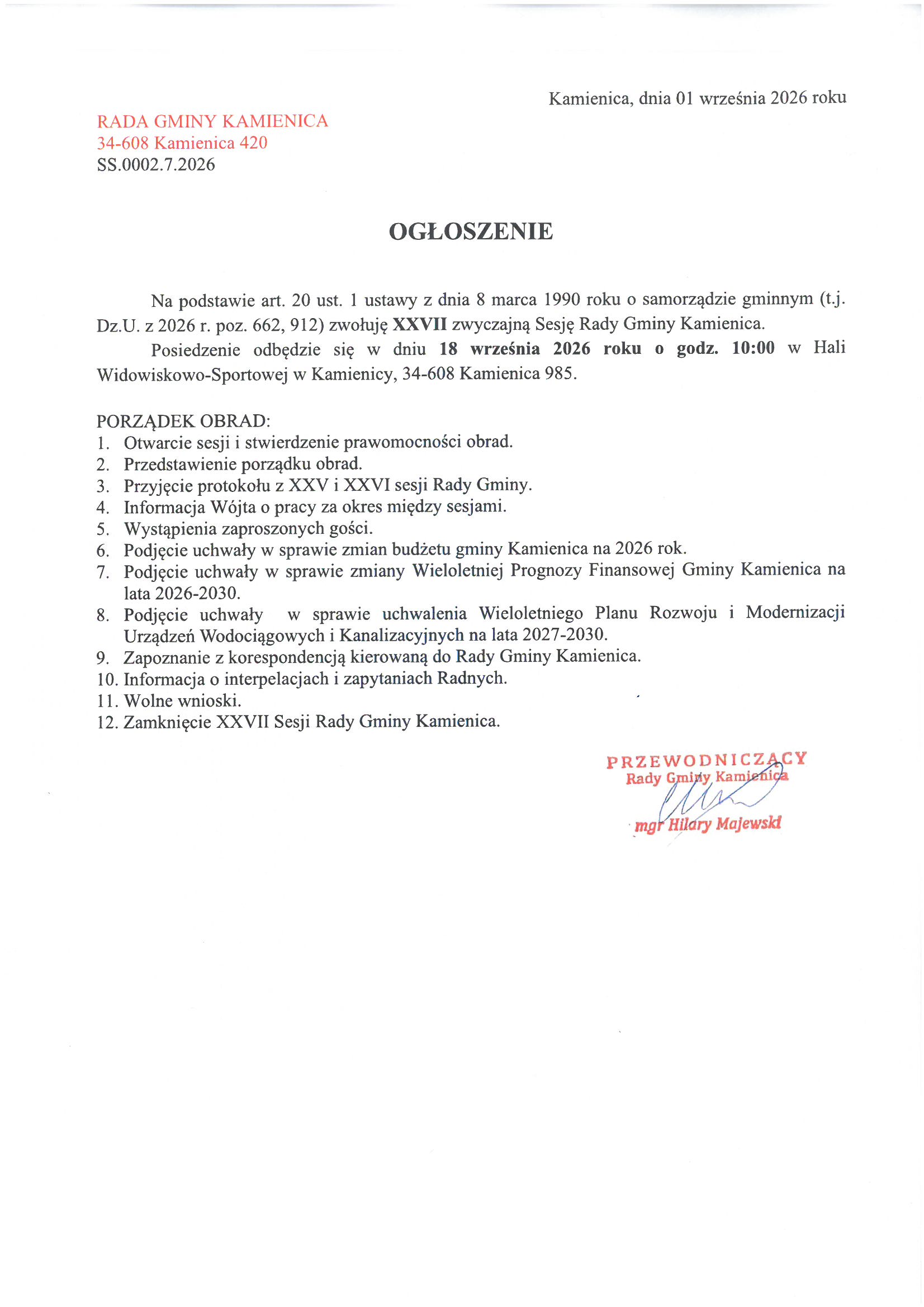 Zawiadomienie o sesji Rady Gminy Kamienica