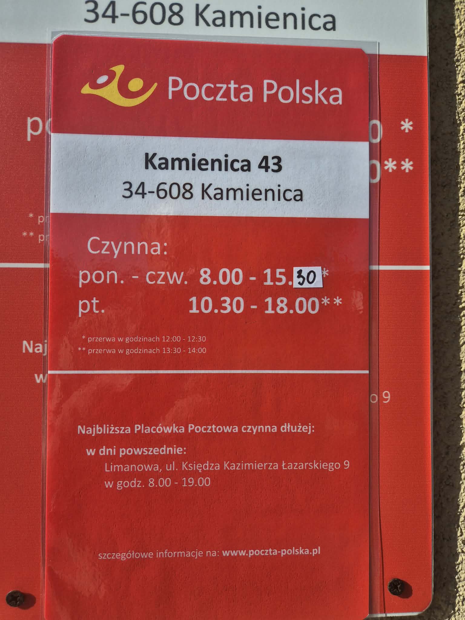 Nowe godziny otwarcia Poczty Polskiej w Kamienicy