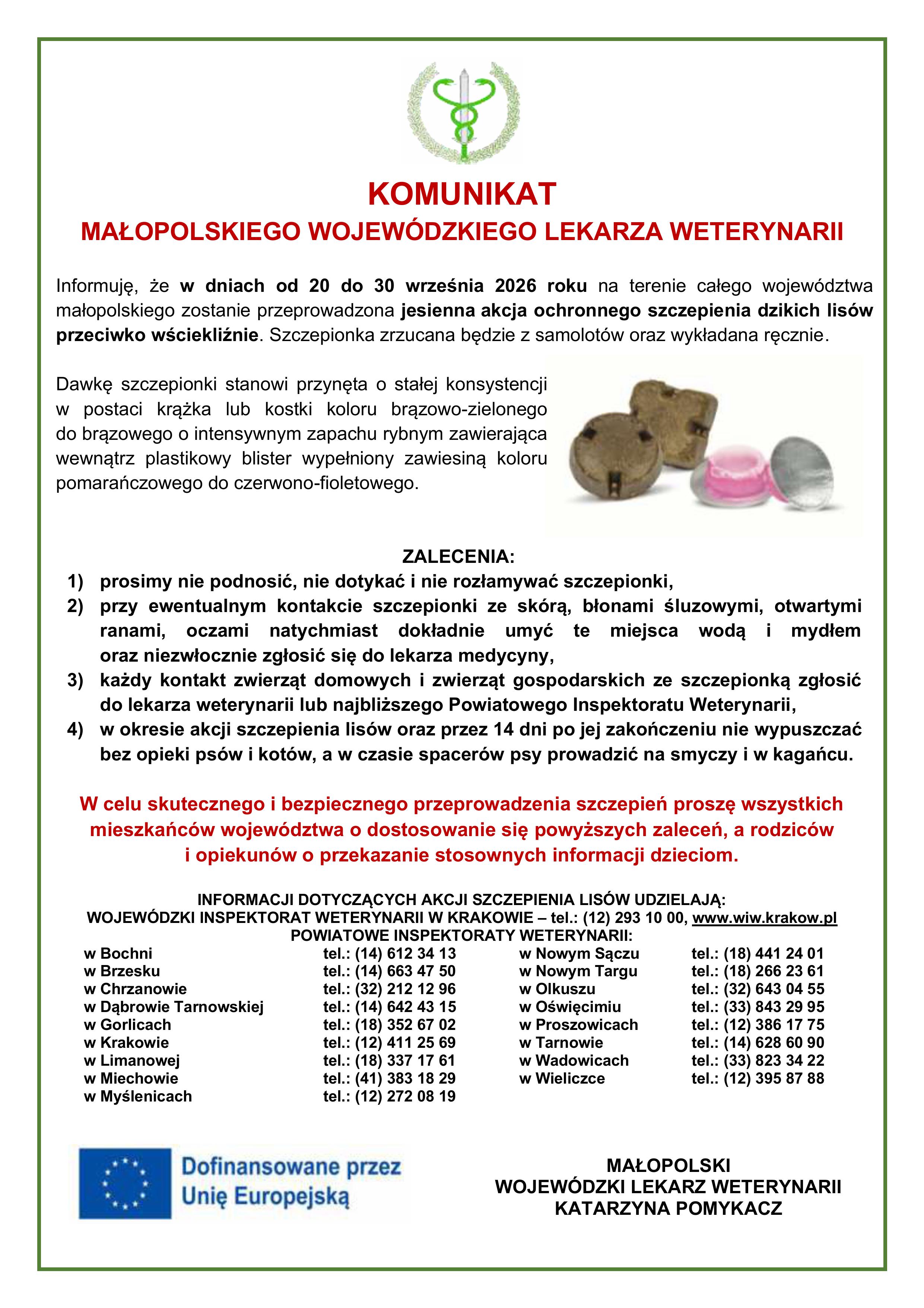 Szczepienie lisów przeciwko wściekliźnie na terenie Małopolski