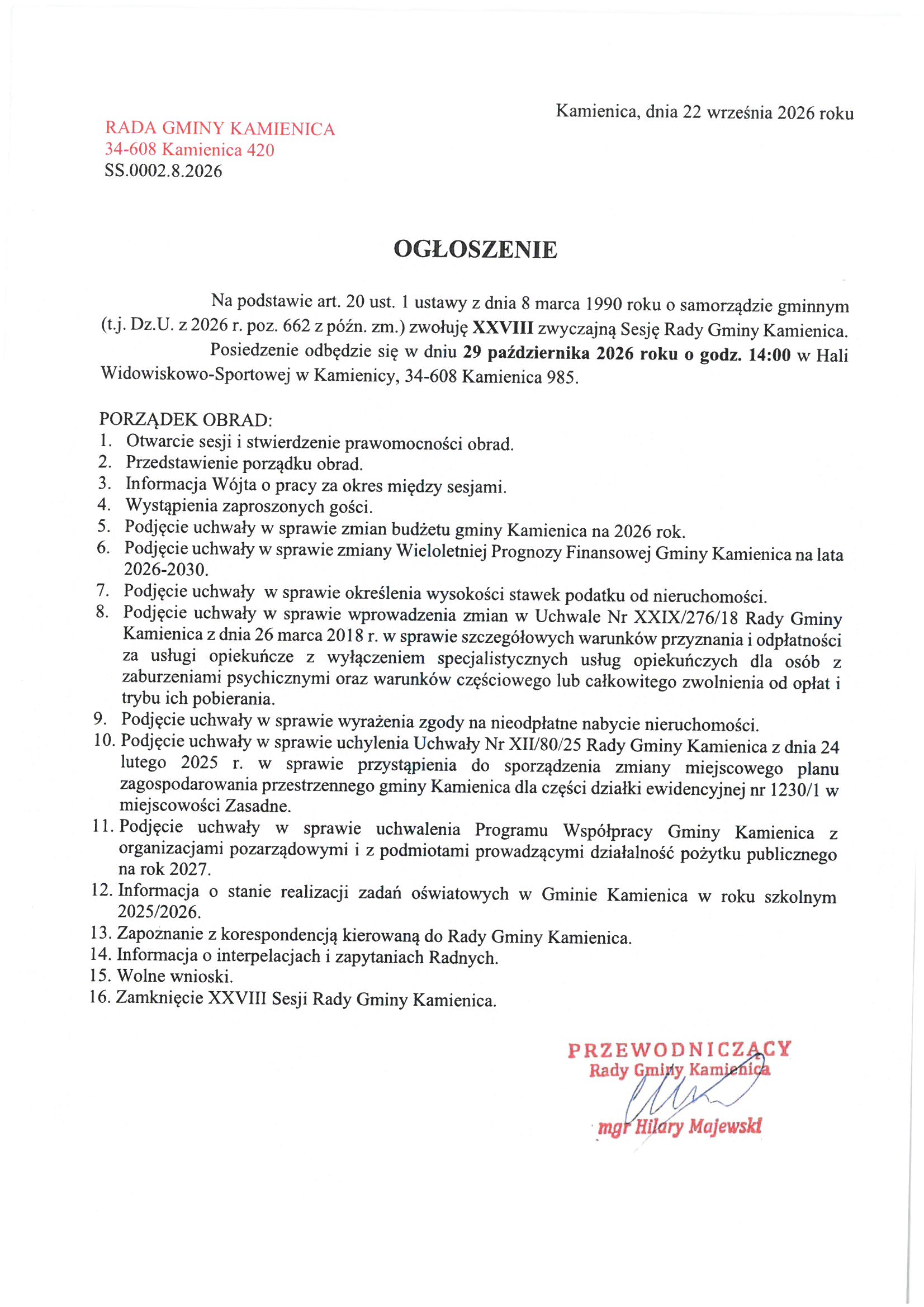 Ogłoszenie o sesji Rady Gminy Kamienica